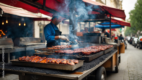 Delicious Barbecue Meats Cooking On A Grill At Outdoor Food Market Stall