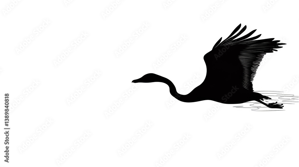 Fototapeta premium Black Swan Silhouette Flying Illustration Against A Transparent Background