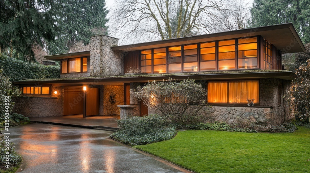 Fototapeta premium A modern home featuring stone facade with bright interior windows