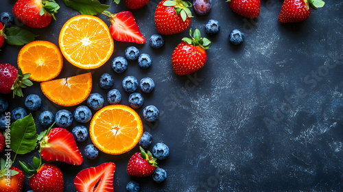 Fototapeta Naklejka Na Ścianę i Meble -  of fresh fruits including strawberries, blueberries, and oranges scattered on a dark textured background 