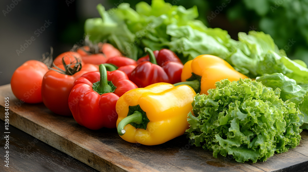 fresh vegetables like bell peppers, tomatoes, and lettuce arranged on a wooden cutting board fresh vegetables like bell peppers, tomatoes, and lettuce arranged on a wooden cutting board