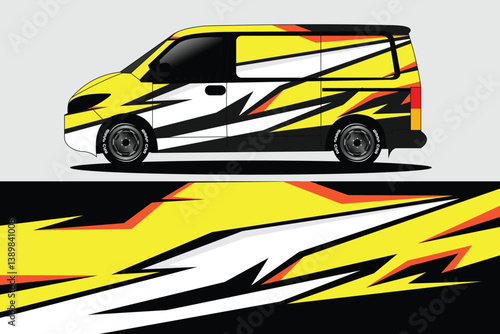 Stylishly designed van with bold yellow and black graphics parked against a minimalist background