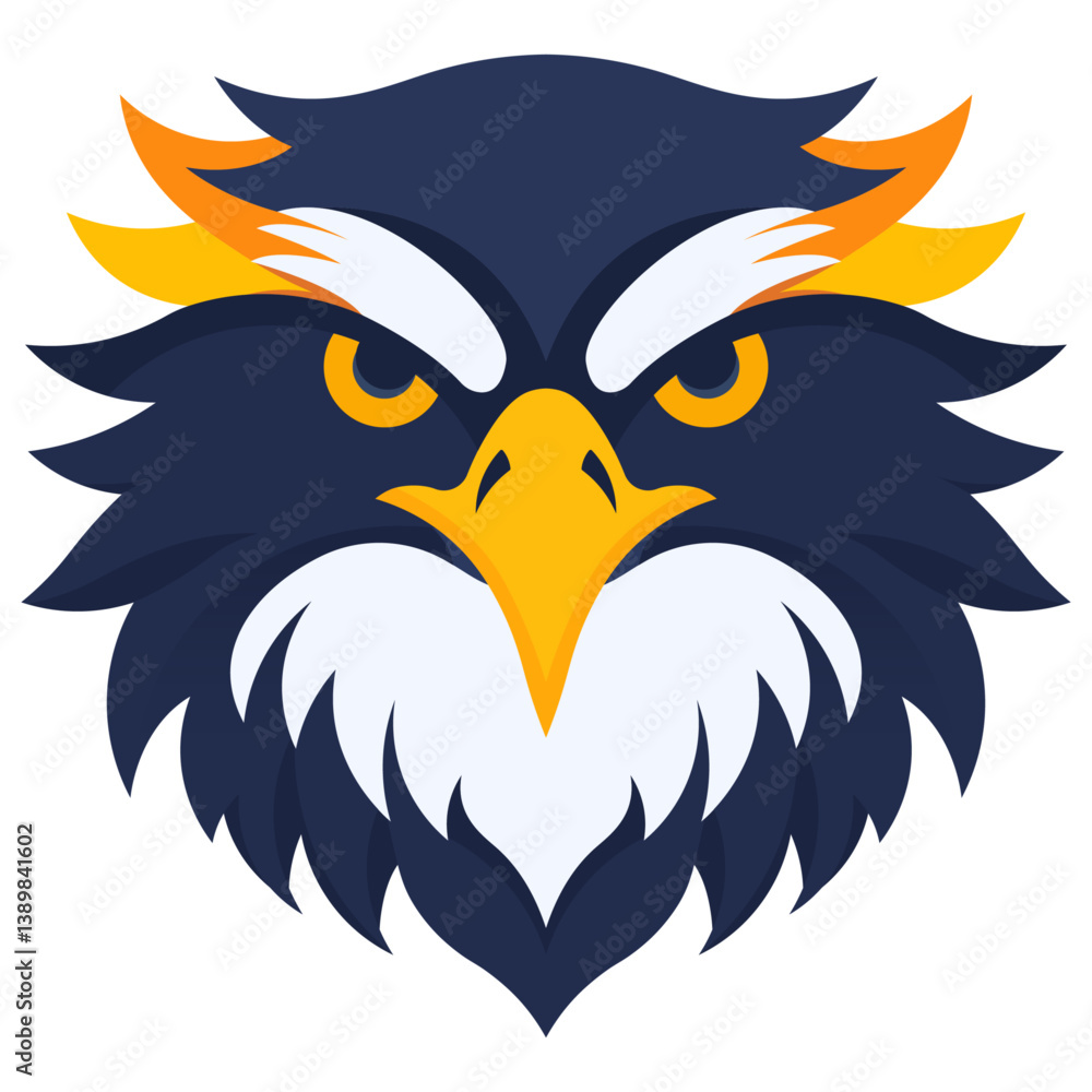 Fototapeta premium Fierce hybrid eagle-owl head mascot logo in bold modern vector style with sharp features and intense eyes, ideal for sports team branding, wildlife emblems, and digital character designs