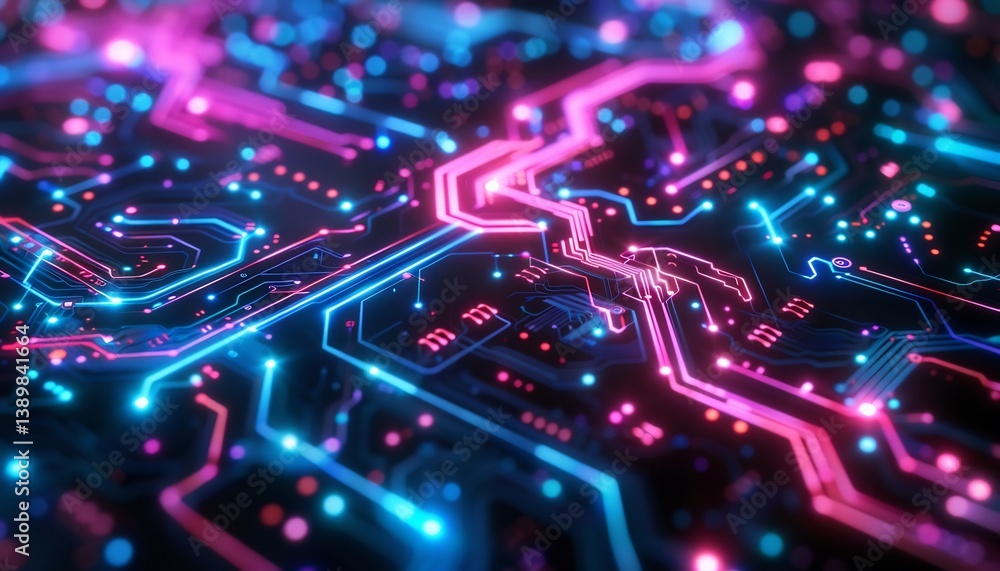 Futuristic circuit board design with glowing cyan and neon magenta lights Futuristic circuit board design with glowing cyan and neon magenta lights