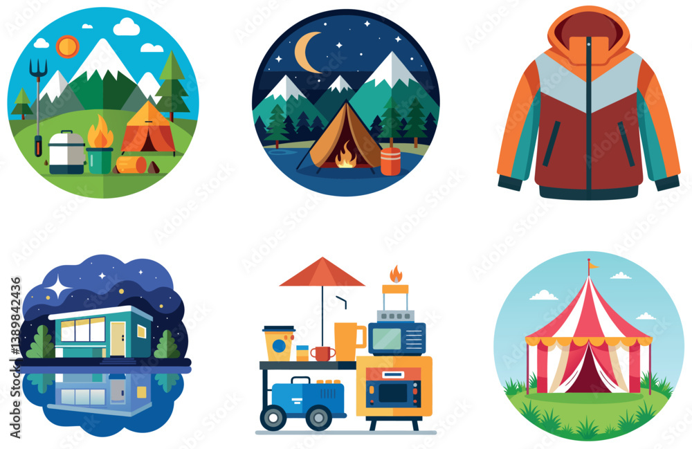 Fototapeta premium Camping Bundle. Nighttime Lit Circus Tent Collection Stickers
