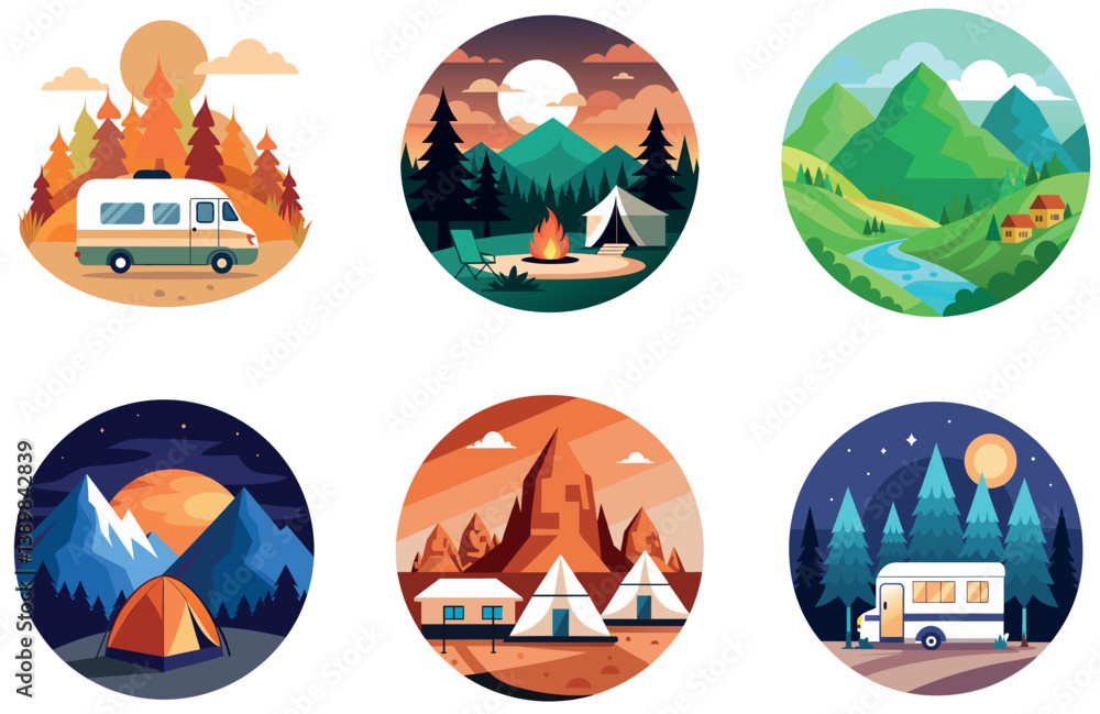 Fototapeta premium Camping Bundle. White Caravan Tropical Escape Collection Stickers