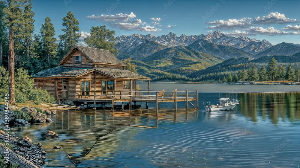 Tranquil Lake Cabin, Boat on a Summer Day Motion Picture. Lodge Over Water Scenery with Mountains Footage. Nature Landscape Stock Clip. Serene Mountainscape Film. Tranquil Lake Cabin, Boat on a Summer Day Motion Picture. Lodge Over Water Scenery with Mountains Footage. Nature Landscape Stock Clip. Serene Mountainscape Film.