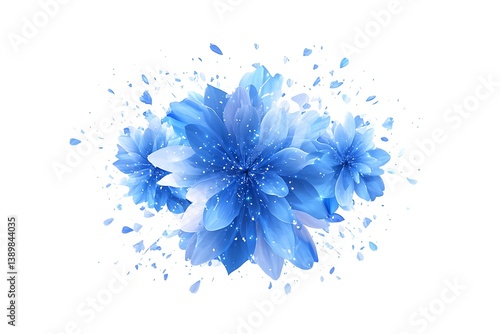 Abstract Blue Flower Cluster Floral Petals Explosion on White Background, Elegant Design