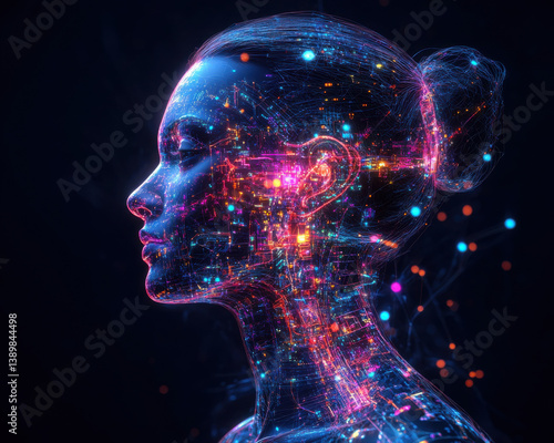 Illustration background of futuristic digital portrait of woman with glowing holographic circuits on dark background