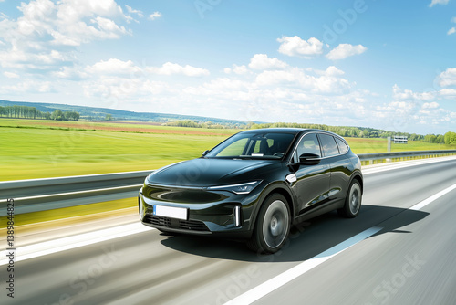 Electric SUV Black Car Speeding Highway Motion Modern Vehicle Transport Automotive Fast Driving Eco Friendly Green Energy Sustainable Travel