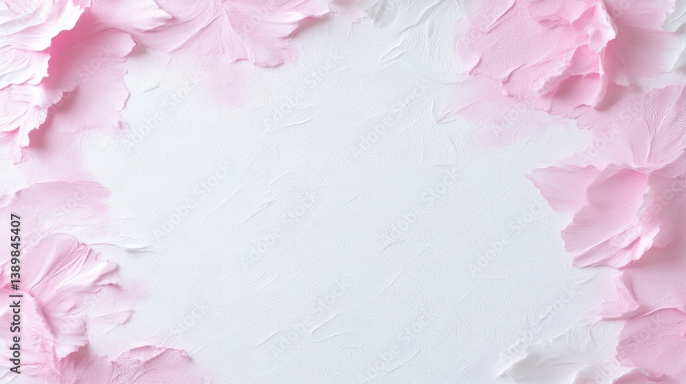 Fototapeta premium Delicate pink flower petals frame a textured white background