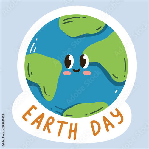 Vector sticker "Earth Day" in a trendy cartoon style. World Environment Day. Funny vector illustration of planet Earth, a globe with a smiley face. Eco-friendly labels or badges.
