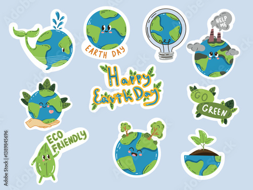Vector sticker "Earth Day" in a trendy cartoon style. World Environment Day. Funny vector illustration of planet Earth, a globe with a smiley face. Eco-friendly labels or badges.
