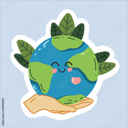 Vector sticker "Earth Day" in a trendy cartoon style. World Environment Day. Funny vector illustration of planet Earth, a globe with a smiley face. Eco-friendly labels or badges.