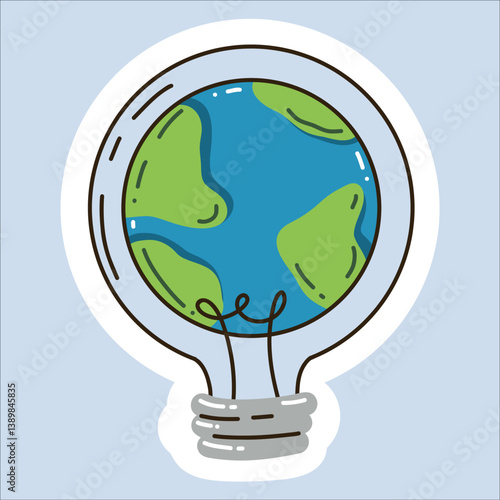Vector sticker "Earth Day" in a trendy cartoon style. World Environment Day. Funny vector illustration of planet Earth, a globe with a smiley face. Eco-friendly labels or badges.