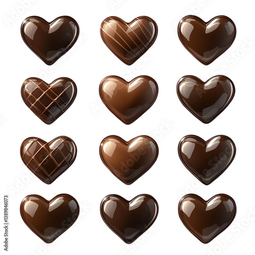 Glossy heart-shaped chocolates, detailed premium candy texture, isolated transparent background.