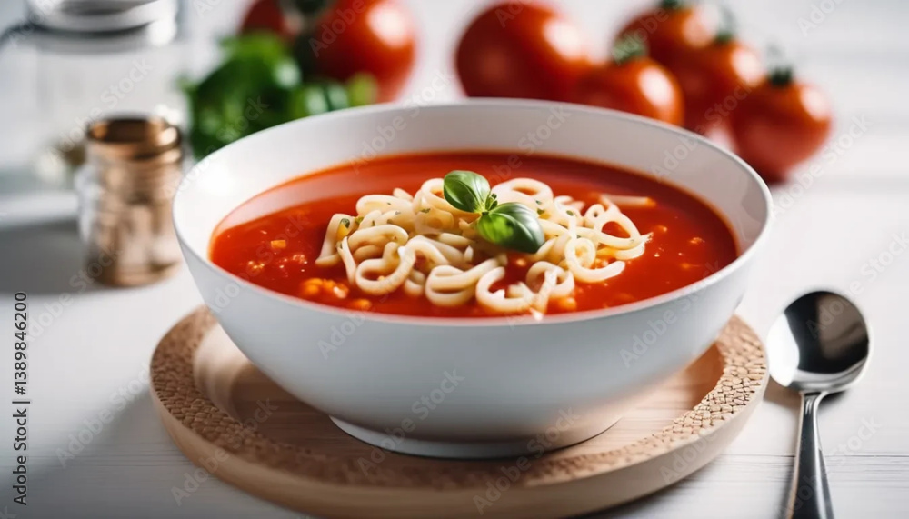 Tomato soup with noodles in white bowl on white table. Close up. Tomato soup with noodles in white bowl on white table. Close up.
