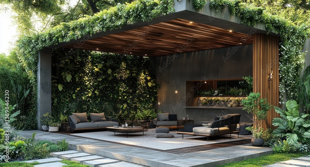 Scandinavian Outdoor Patio with Minimalist Furniture and Natural Wooden Pergola Scandinavian Outdoor Patio with Minimalist Furniture and Natural Wooden Pergola