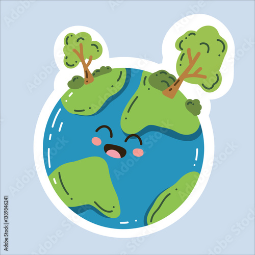 Vector sticker "Earth Day" in a trendy cartoon style. World Environment Day. Funny vector illustration of planet Earth, a globe with a smiley face. Eco-friendly labels or badges.