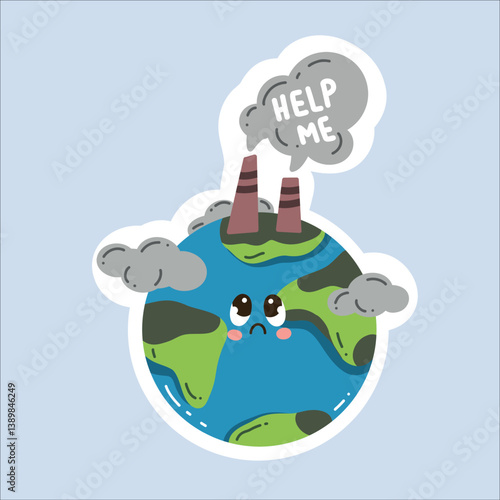 Vector sticker "Earth Day" in a trendy cartoon style. World Environment Day. Funny vector illustration of planet Earth, a globe with a smiley face. Eco-friendly labels or badges.