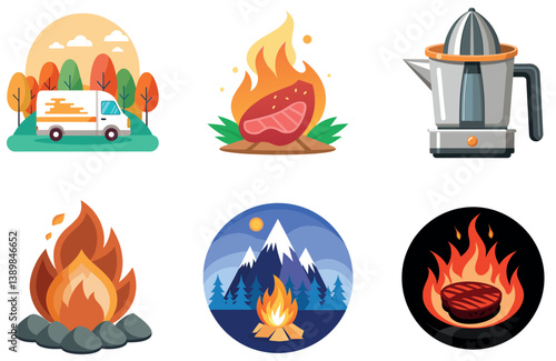 Camping Bundle. Portable Fishing Gear Collection Stickers