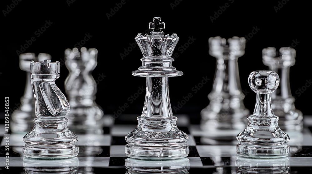 Close-up view of chess pieces on chessboard. King is prominently displayed. Pieces represent leadership and teamwork. Scene suggests strategy game and risk management. This is business concept photo Close-up view of chess pieces on chessboard. King is prominently displayed. Pieces represent leadership and teamwork. Scene suggests strategy game and risk management. This is business concept photo
