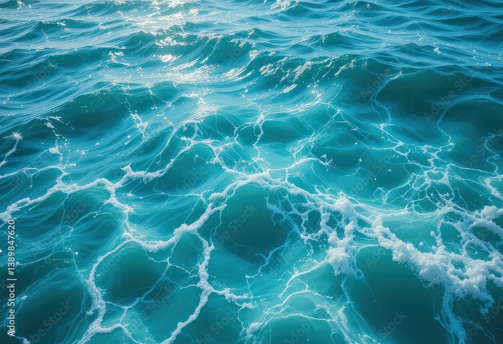 Fototapeta premium A breathtaking aerial view of the vast ocean, showcasing vibrant blue waters shimmering under the sunlight, with gentle waves lapping against the shore and scattered white clouds above.