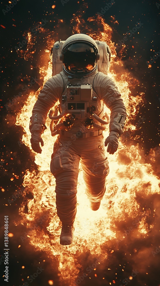 Fototapeta premium Astronaut in a spacesuit seemingly emerging from a fiery explosion