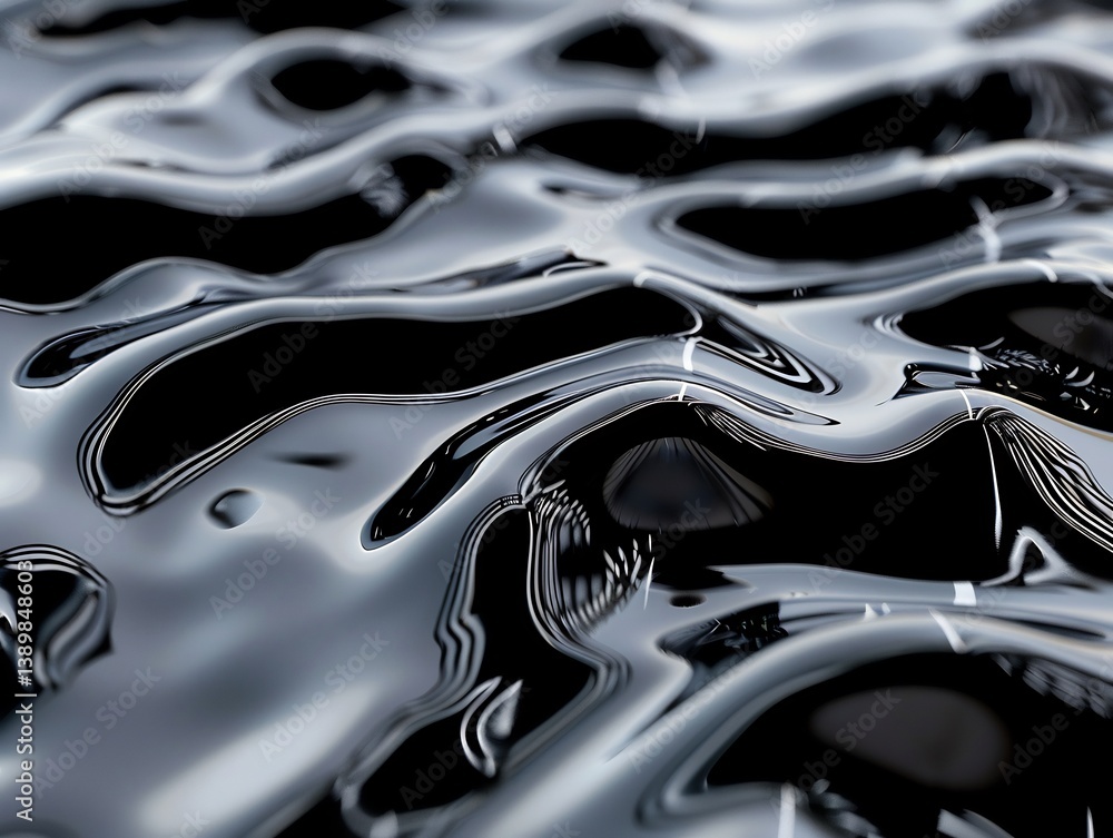 Glossy black liquid forming smooth ripples with sharp reflections Glossy black liquid forming smooth ripples with sharp reflections