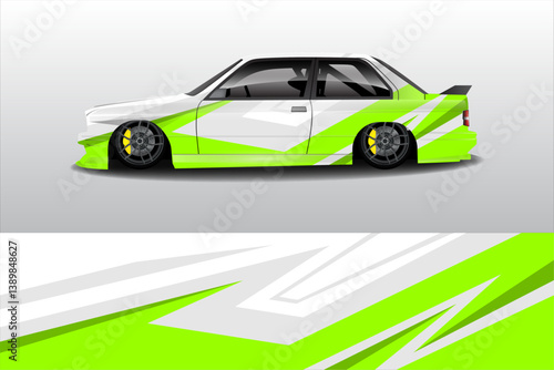Stylishly Modified Sports Car with Striking Green and White Graphics on a Clean Background