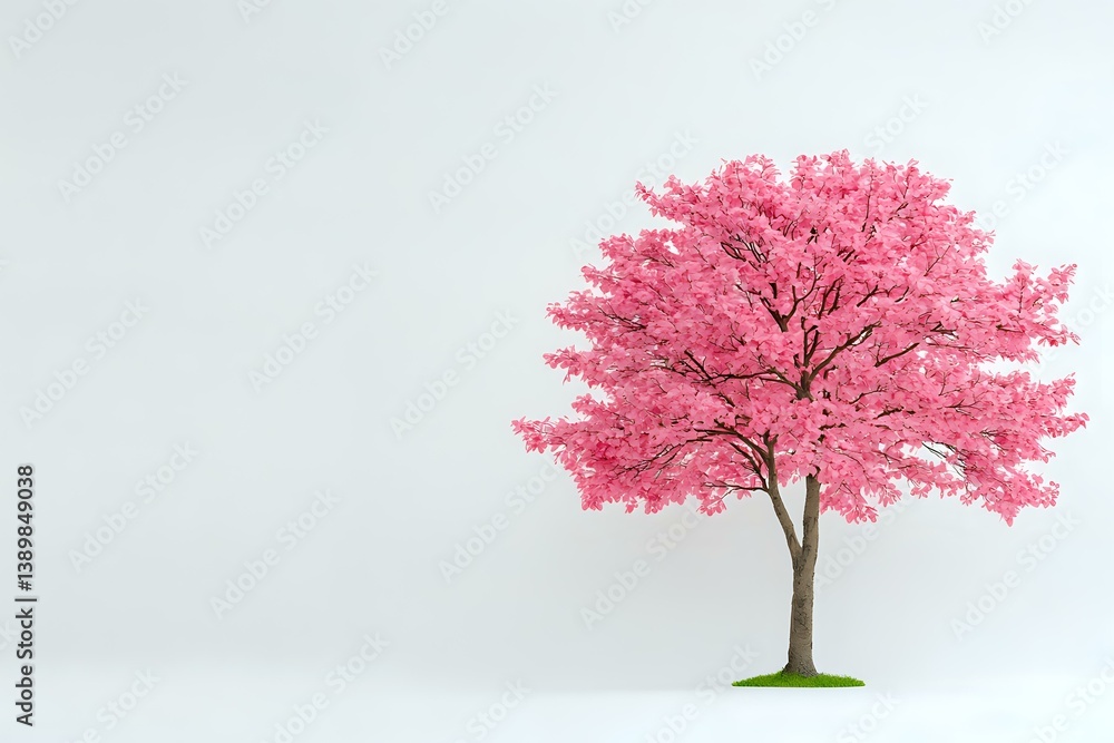 Fototapeta premium Vibrant pink cherry blossom tree in full bloom stands alone against white background, symbolizing spring renewal, hope and natural beauty. Suitable for wall art.