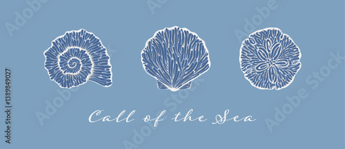 Stylized white shell illustrations on blue background with Call of the Sea quote