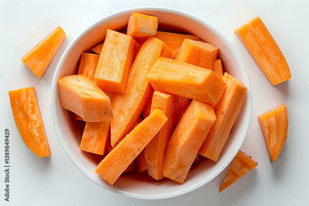 Fresh cut carrot sticks in white ceramic bowl on white background. Raw orange vegetable pieces arranged for healthy snacking and meal preparation.