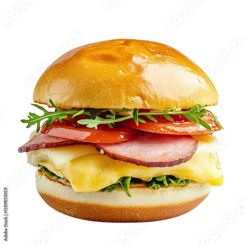 Ham-and-cheese breakfast slider sandwich, gourmet detail, isolated transparent background.