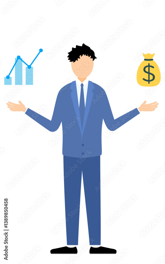 Simple illustration of businessman in business suit analyze sales and graphs Simple illustration of businessman in business suit analyze sales and graphs