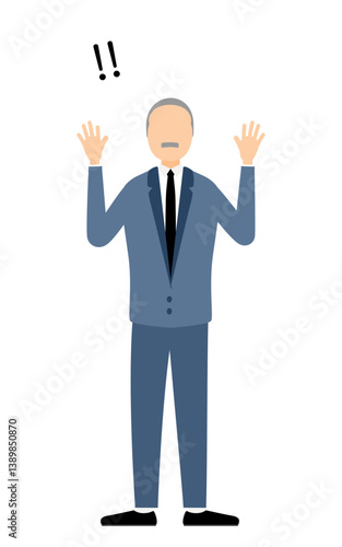 Simple illustration of businessman in business suit raising his hand in surprise