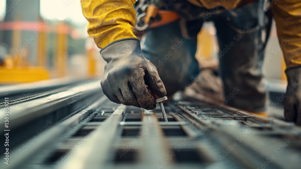 A construction worker securing a steel framework for a building. Featuring precision and focus A construction worker securing a steel framework for a building. Featuring precision and focus