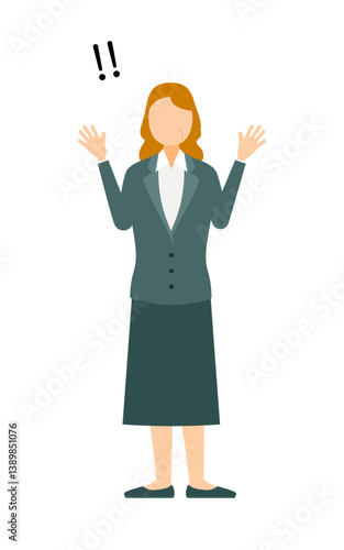 Simple illustration of businesswoman in business suit raising her hand in surprise