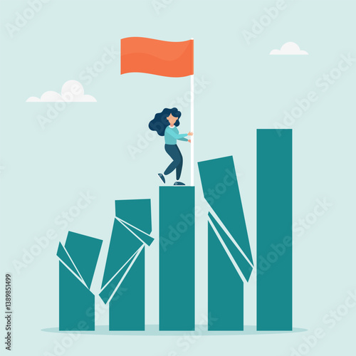 Winner in business. Successful character on stand, strong bar chart, domino collapse, winner takes all. Survival in business competition. Vector illustration.