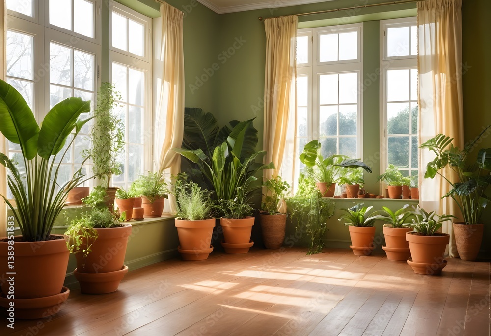 Sunlit Room Interior. Warm Light Streams, Through Windows And Illuminates Vibrant Plants In Pots. Creating A Serene Tranquil And Nature-filled Space. A Perfect Relaxation Spot. Sunlit Room Interior. Warm Light Streams, Through Windows And Illuminates Vibrant Plants In Pots. Creating A Serene Tranquil And Nature-filled Space. A Perfect Relaxation Spot.