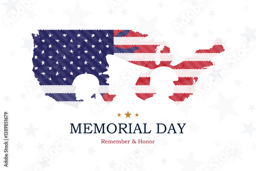 Memorial Day banner with USA map and flag with silhouettes soldier on a background with stars.