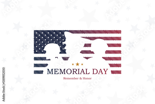 Memorial Day banner with USA flag and silhouettes soldier on a background with stars.