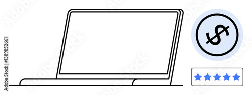 Open laptop representing technology, dollar sign indicating revenue, and five-star rating symbolizing quality performance. Ideal for e-commerce, branding, digital marketing, business growth