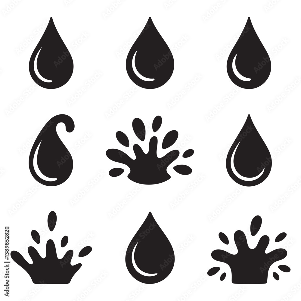 Water drops and splash Vector Black silhouettes in simple doodle style. Set different liquid shapes. with white background Water drops and splash Vector Black silhouettes in simple doodle style. Set different liquid shapes. with white background