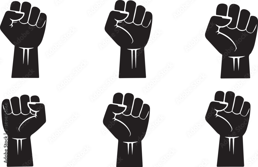 Fist silhouette set, sign of power, strength, isolated on white, raised and closed fist icons, strength, power and solidarity, Raised fist, sign of power, isolated on white Fist silhouette set, sign of power, strength, isolated on white, raised and closed fist icons, strength, power and solidarity, Raised fist, sign of power, isolated on white