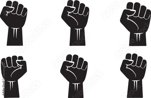 Fist silhouette set, sign of power, strength, isolated on white, raised and closed fist icons, strength, power and solidarity, Raised fist, sign of power, isolated on white