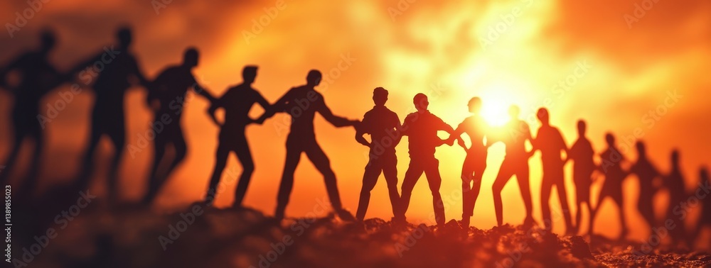 Fototapeta premium Silhouettes of diverse people holding hands at sunset, symbolizing unity and togetherness.