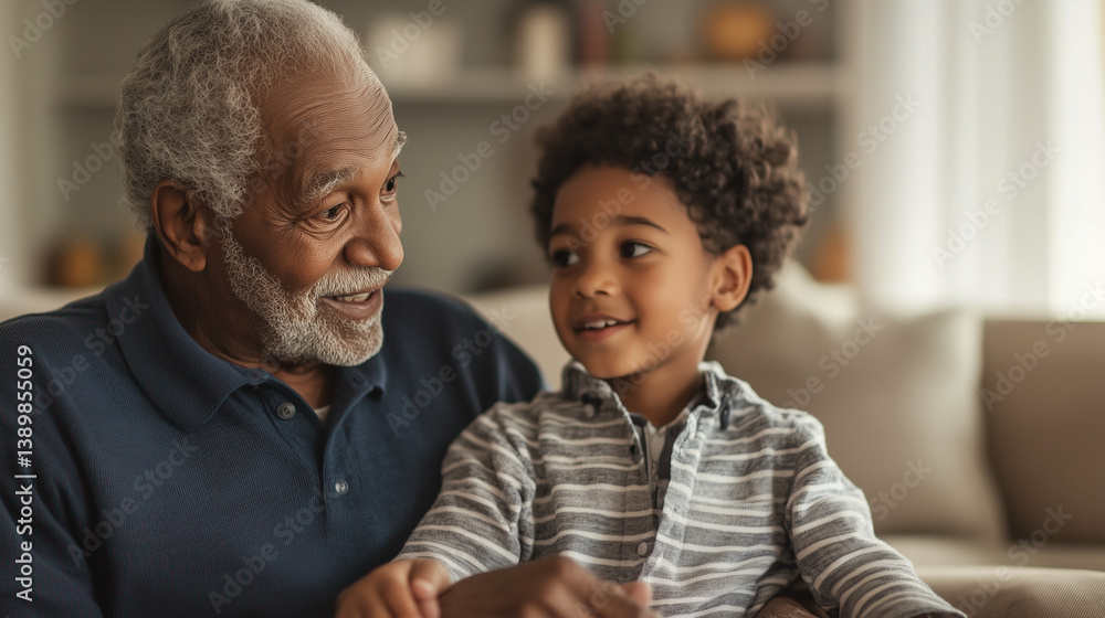 Happy grandfather bonding with grandson at home for family and generational love themes Happy grandfather bonding with grandson at home for family and generational love themes