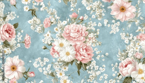 Pastel floral bouquet print on a light blue backdrop