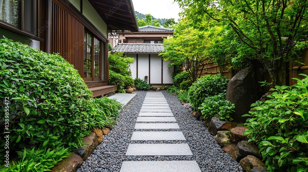 Fototapeta premium Tranquil japanese backyard garden pathway nature haven stone walkway serene environment captured in gigapixel quality